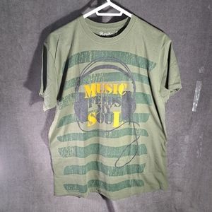 Heritage 1981 "Music Feeds My Soul" Khaki Green Striped Graphic Tee NWOT L